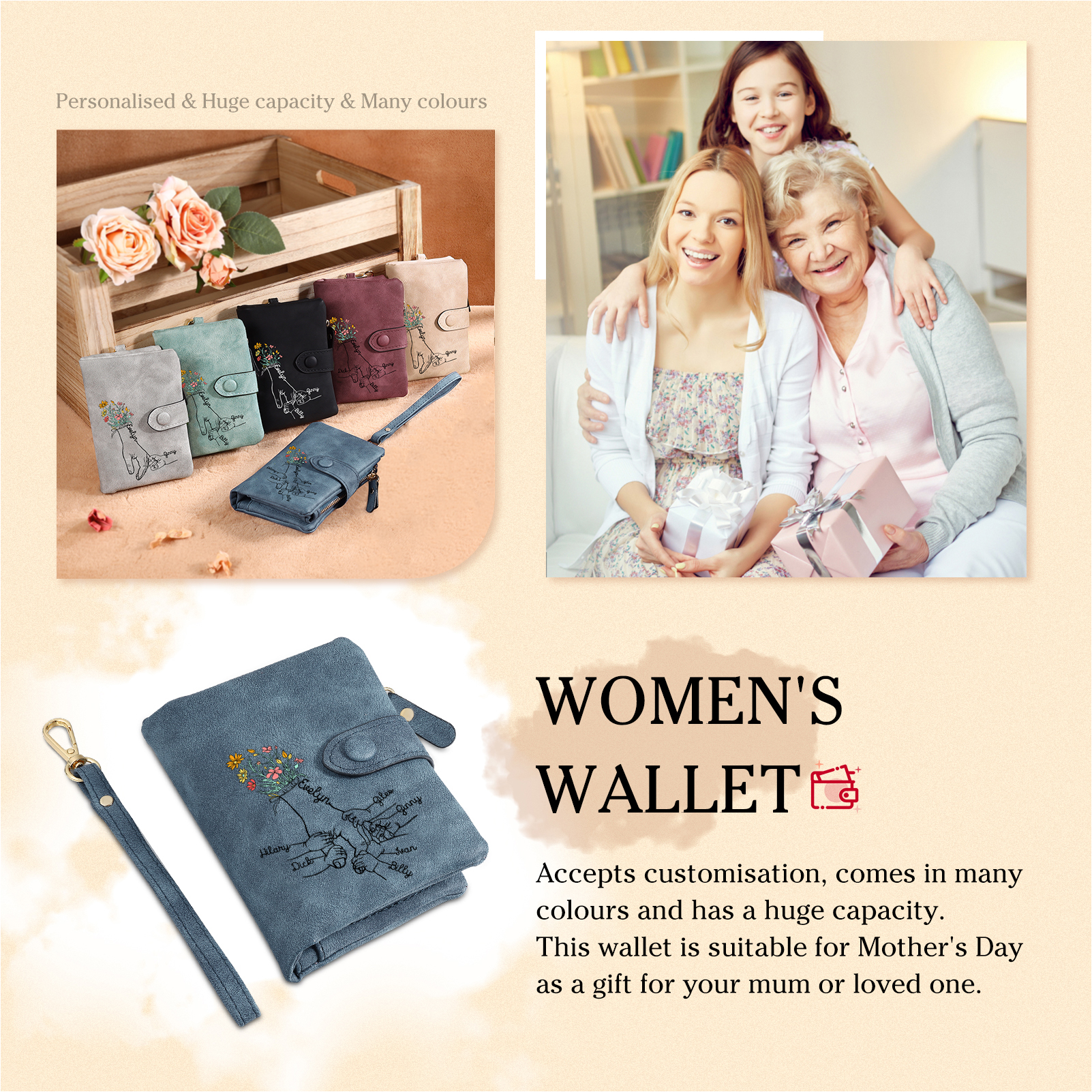 7 Names - Personalized Women's Wallet Customized 7 Names Hand in Hand Folding Women's Wallet Gift for Nan