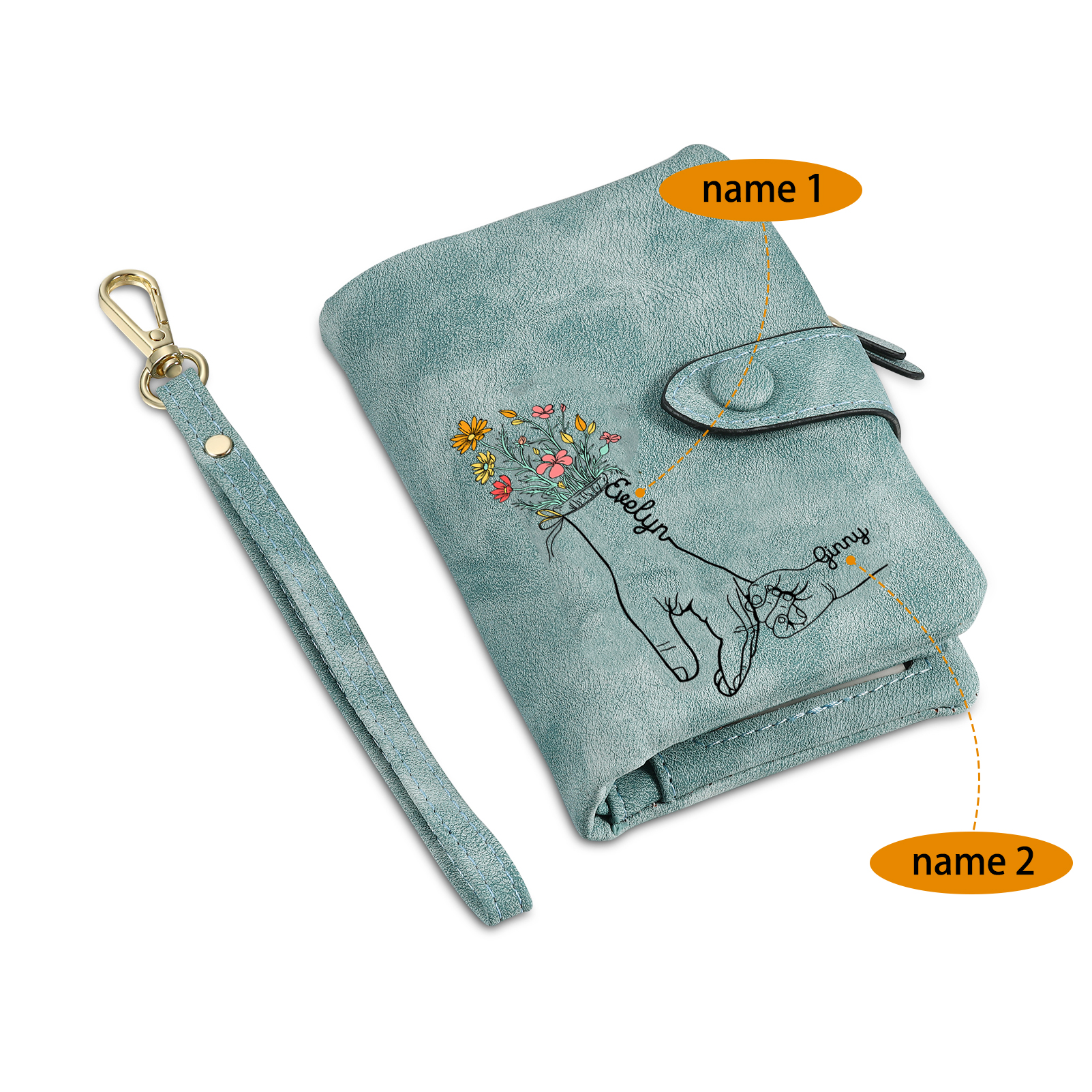 2 Names - Personalized Women's Wallet Customized 2 Names Hand in Hand Folding Women's Wallet Gift for Nan