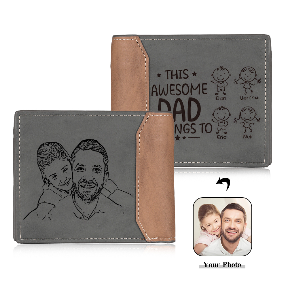 Jessemade UK 4 Names-Personalized Doll Customized Leather Men's Wallet Customized Name Folding Grey Wallet for Dad 27.99 m1-c4-n4