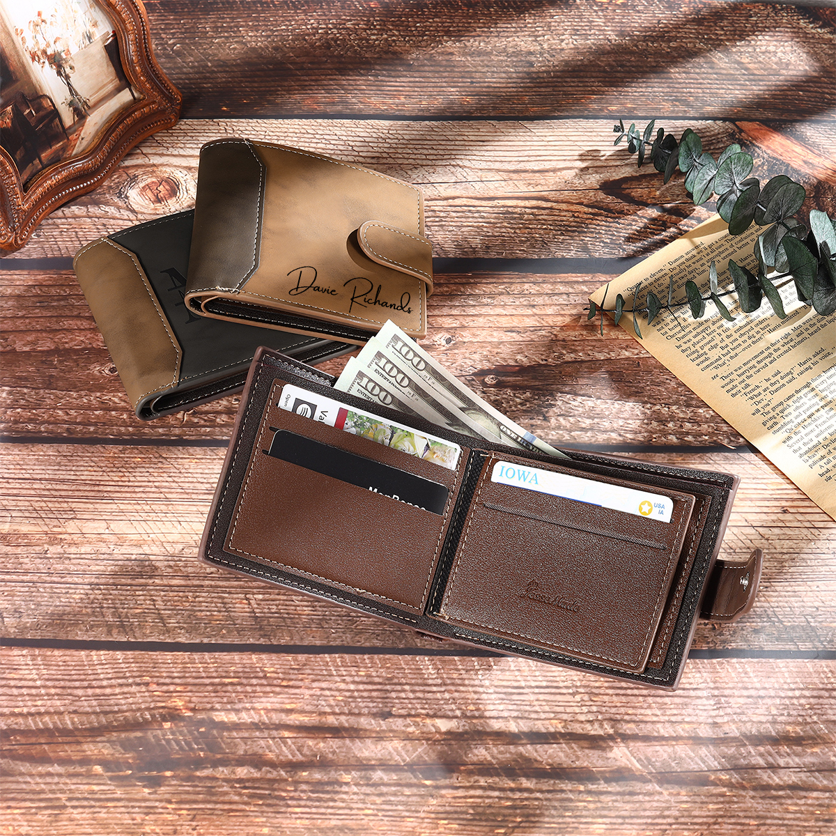 Personalised Men's Wallet - Custom Photo and Text in Brown/Gray - Christmas Gift for Him | Jessemade