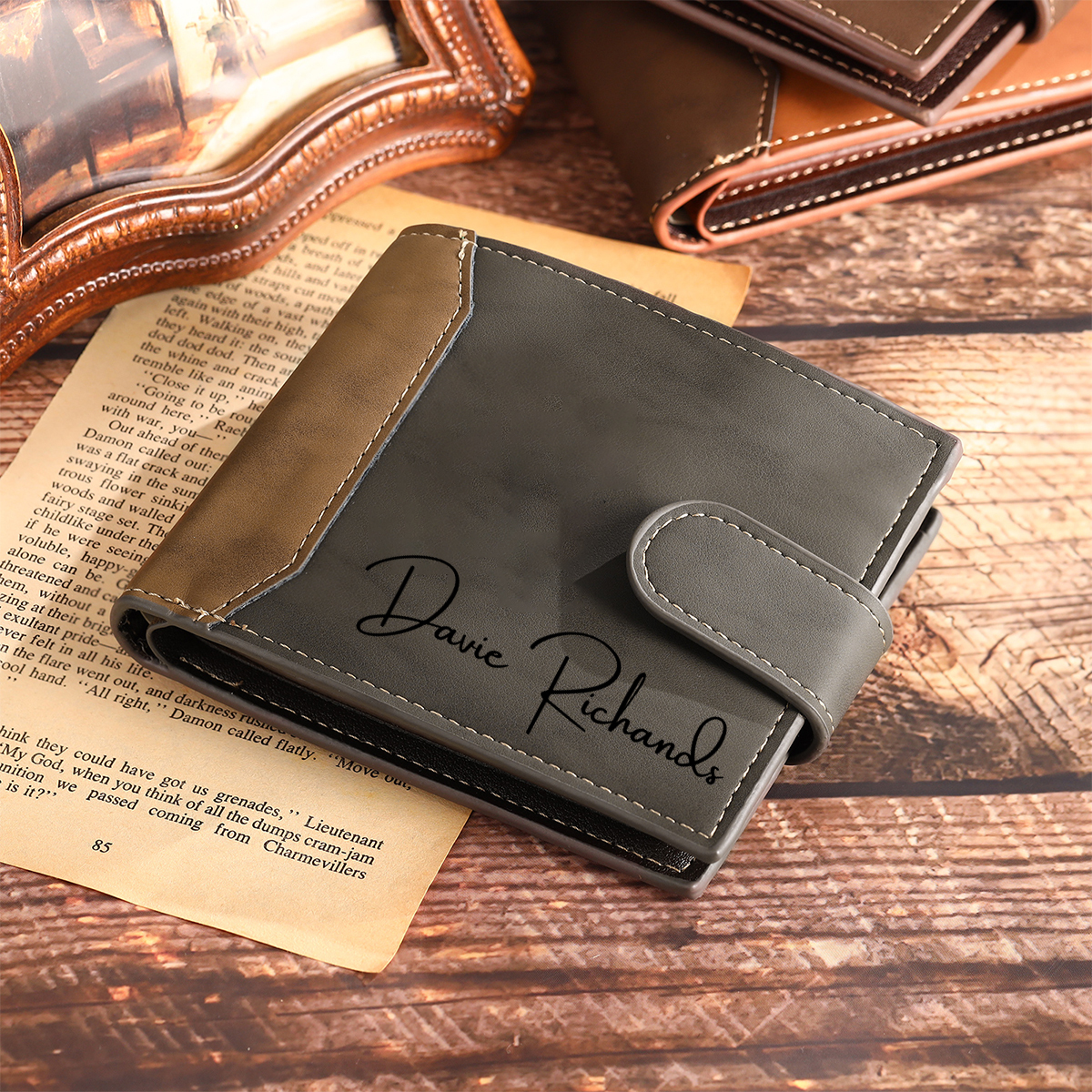 Personalised Men's Wallet - Custom Photo and Text in Brown/Gray - Christmas Gift for Him | Jessemade