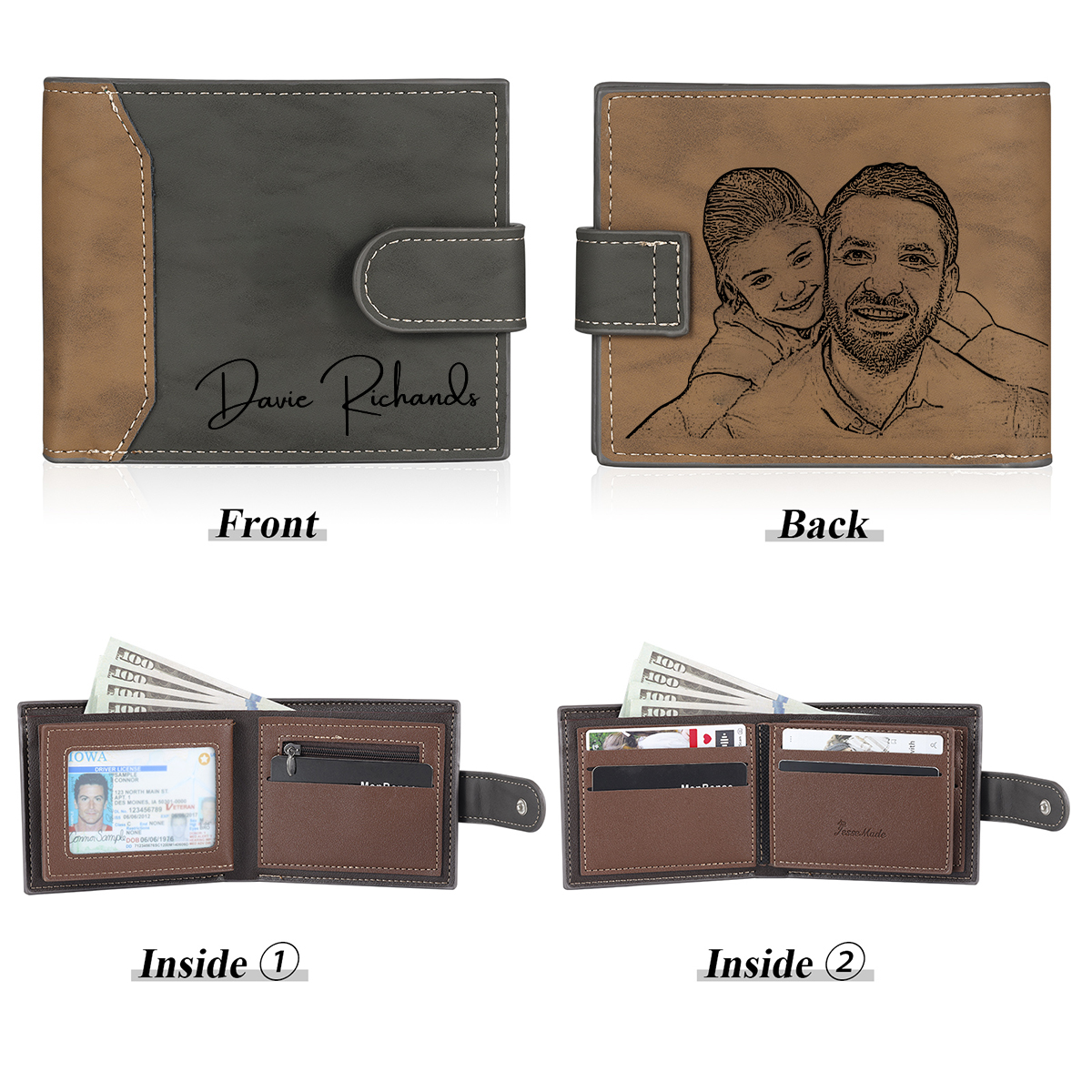 Personalised Men's Wallet - Custom Photo and Text in Brown/Gray - Christmas Gift for Him | Jessemade