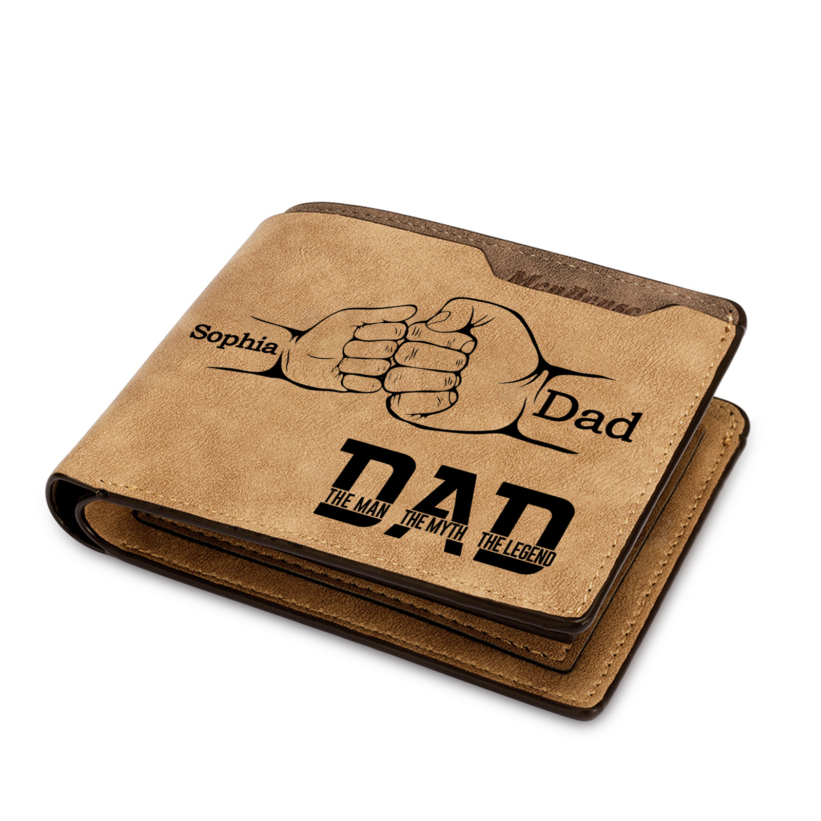 2 Names - Personalized Fist Bump Pattern Custom Name Leather Men's Wallet as a Father's Day Gift for Dad