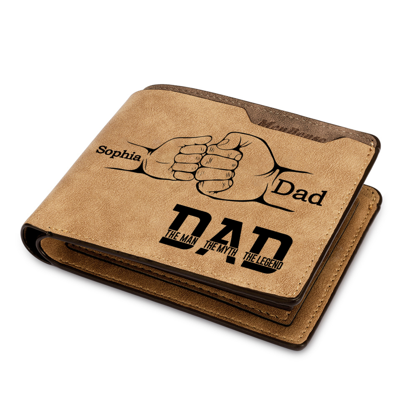 2 Names - Personalized Fist Bump Pattern Custom Name Leather Men's Wallet as a Father's Day Gift for Dad