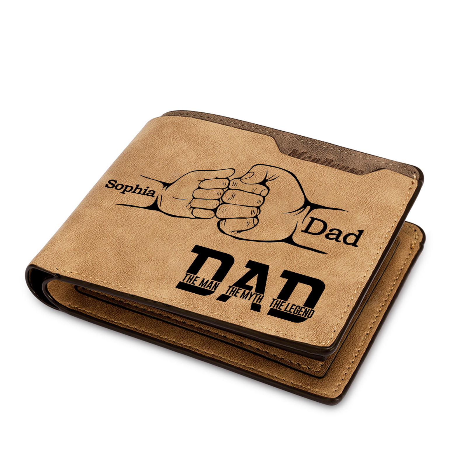 2 Names - Personalized Fist Bump Pattern Custom Name Leather Men's Wallet as a Father's Day Gift for Dad