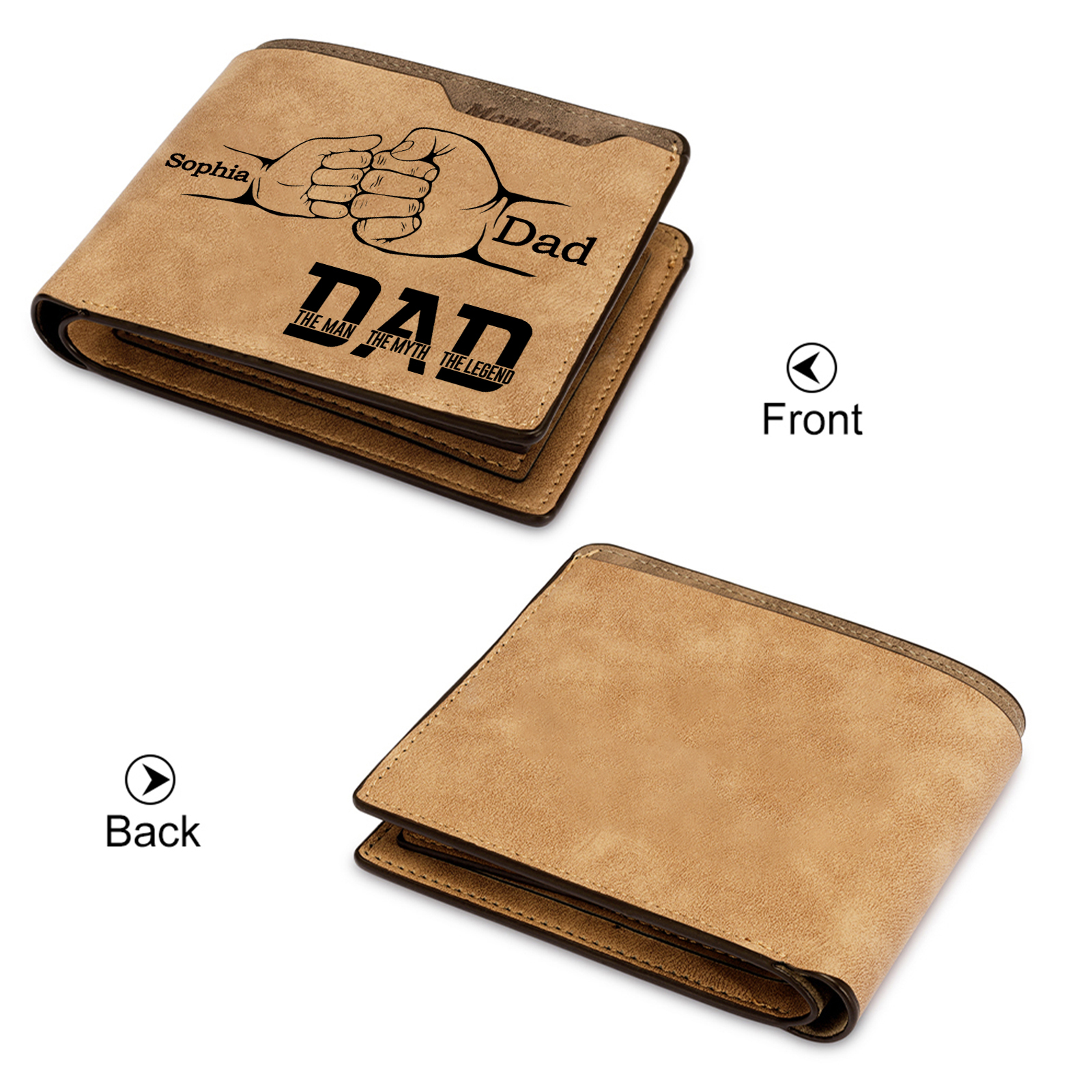 2 Names - Personalized Fist Bump Pattern Custom Name Leather Men's Wallet as a Father's Day Gift for Dad