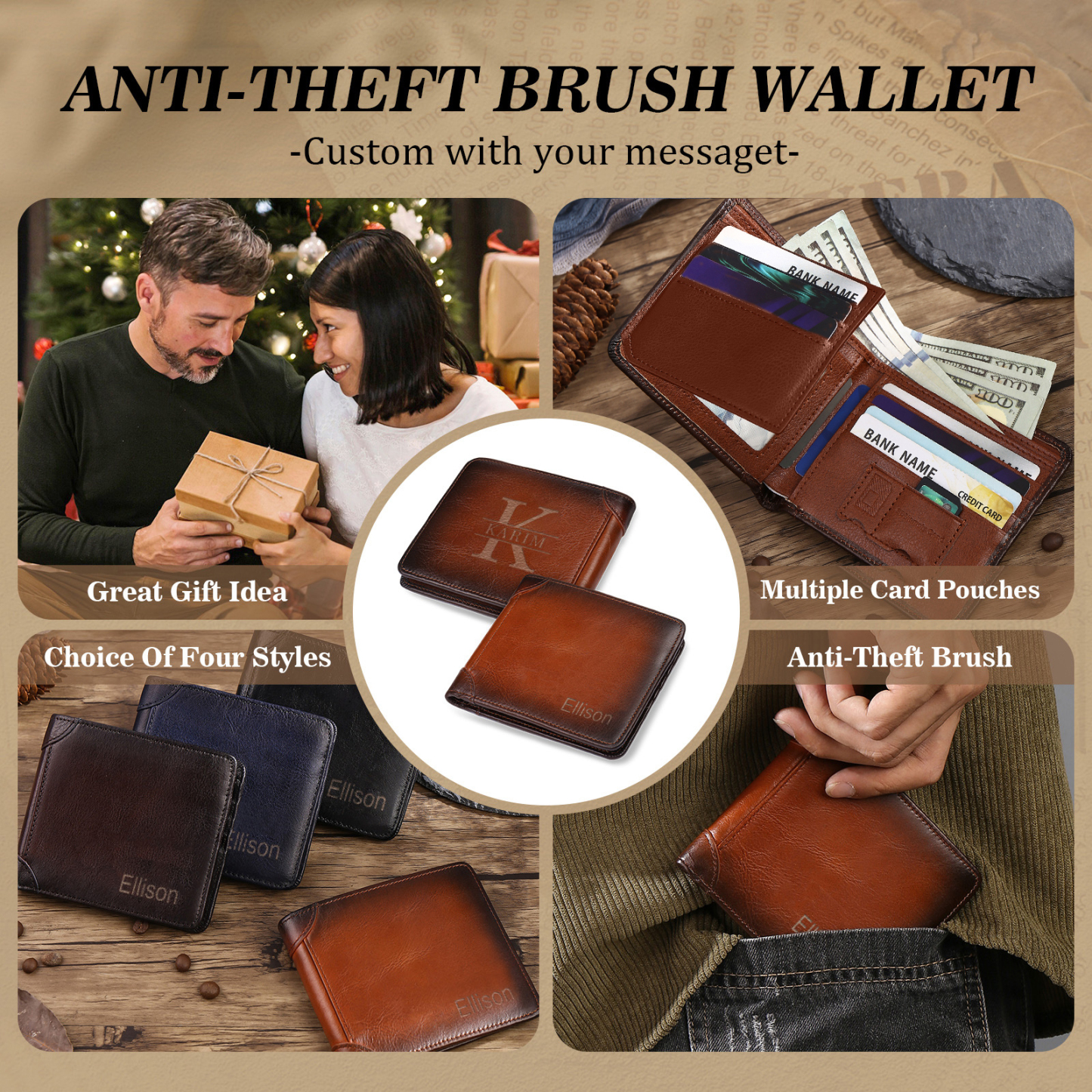 Personalized First  Layer Leather Men's Wallet - Custom Name and Letter Valentine's Day Gifts for Him | Jessemade