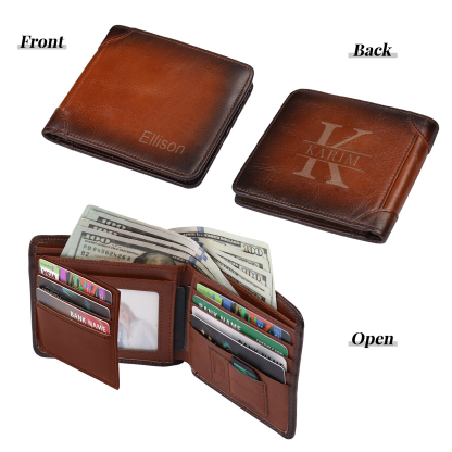 Personalized First  Layer Leather Men's Wallet - Custom Name and Letter Valentine's Day Gifts for Him | Jessemade
