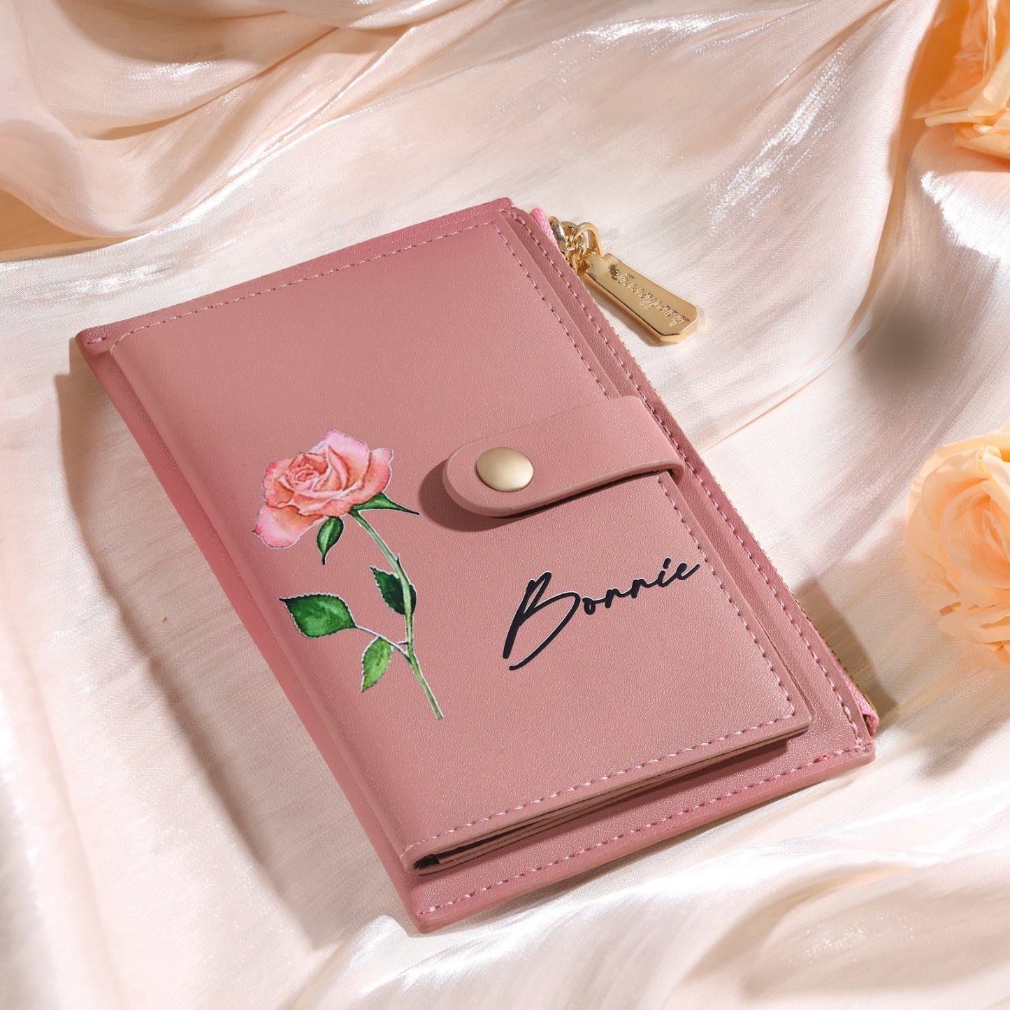 Personalized Women's Wallet Custom Name and Birthflower Leather Wallet for Grandma | Jessmade