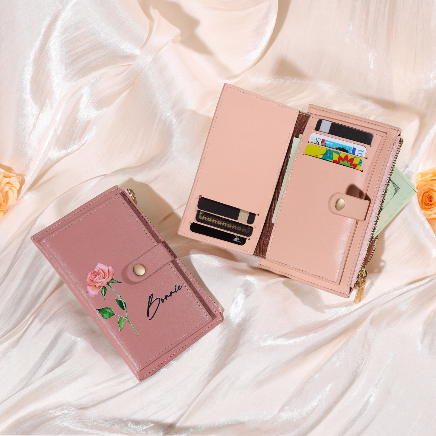 Personalized Women's Wallet Custom Name and Birthflower Leather Wallet for Grandma | Jessmade