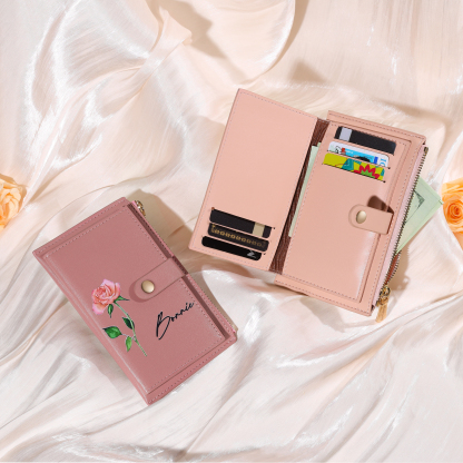 Personalized Women's Wallet Custom Name and Birthflower Leather Wallet for Grandma | Jessmade