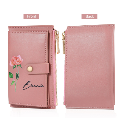 Personalized Women's Wallet Custom Name and Birthflower Leather Wallet for Grandma | Jessmade