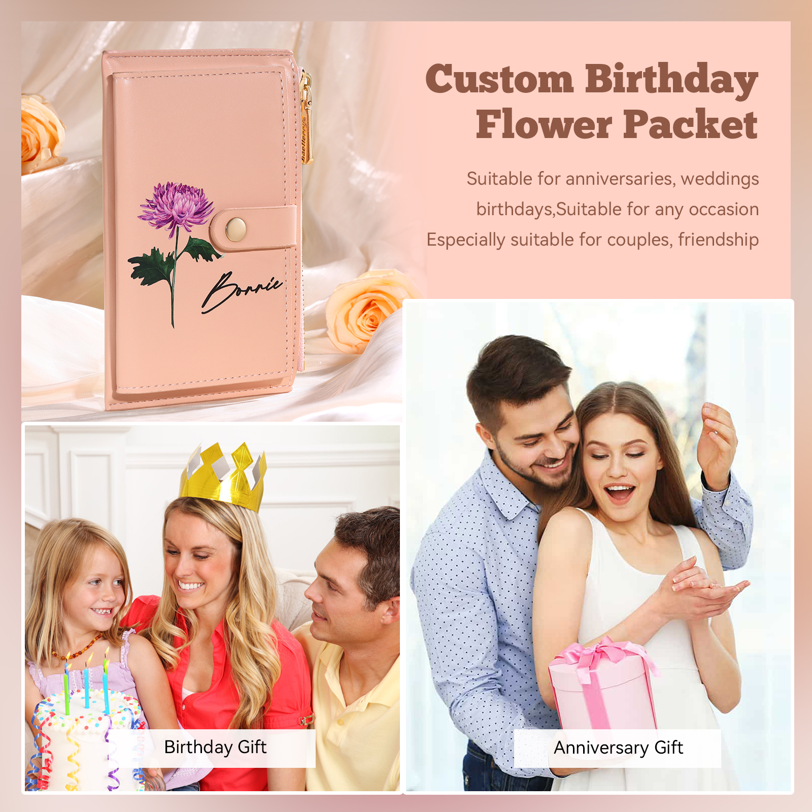 Personalized Women's Wallet Custom Name and Birthflower Leather Wallet for Grandma | Jessmade