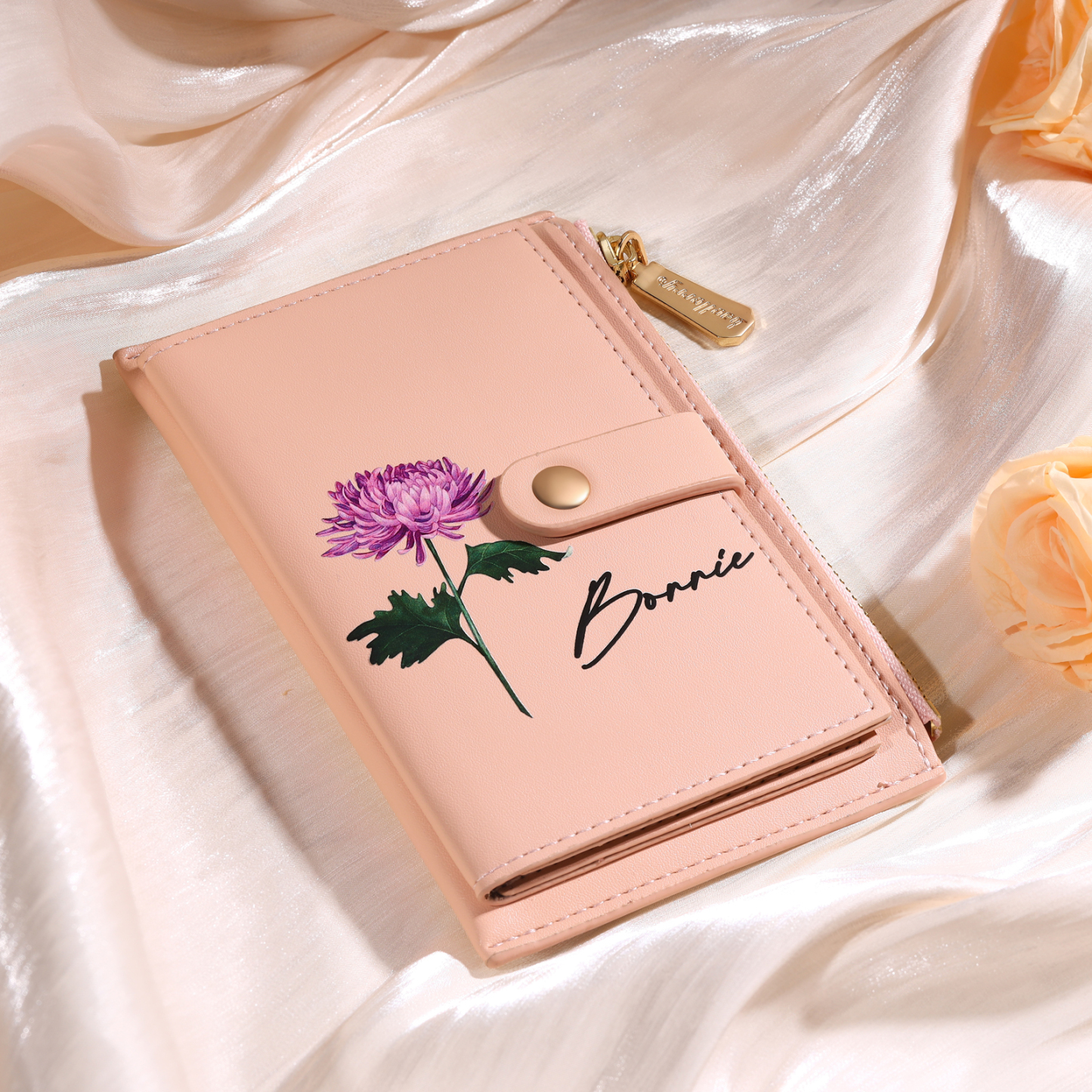Personalized Women's Wallet Custom Name and Birthflower Leather Wallet for Grandma | Jessmade