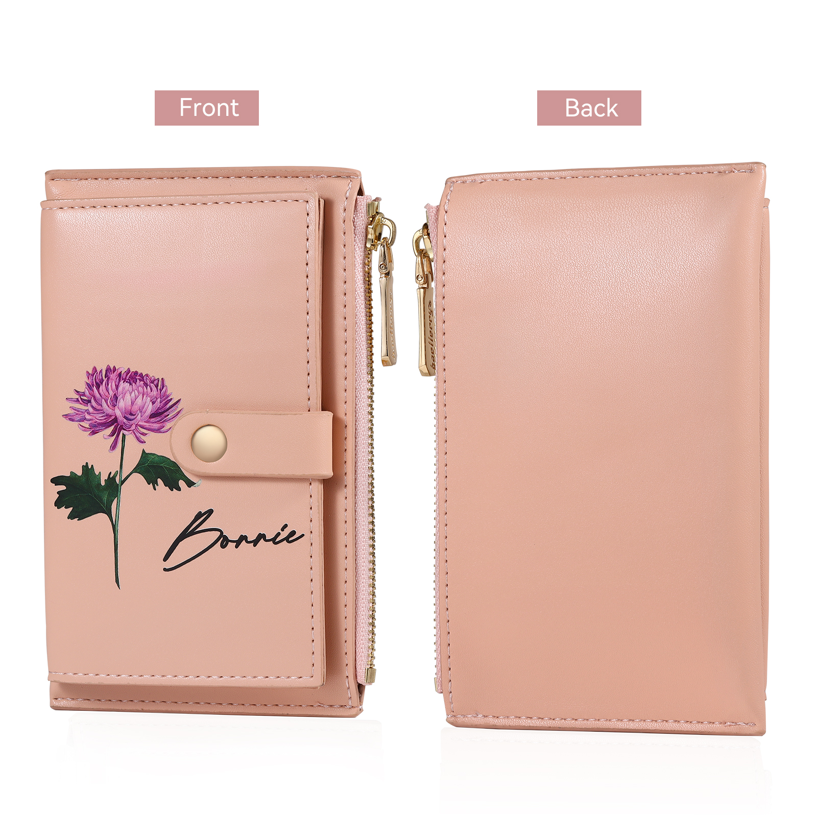 Personalized Women's Wallet Custom Name and Birthflower Leather Wallet for Grandma | Jessmade