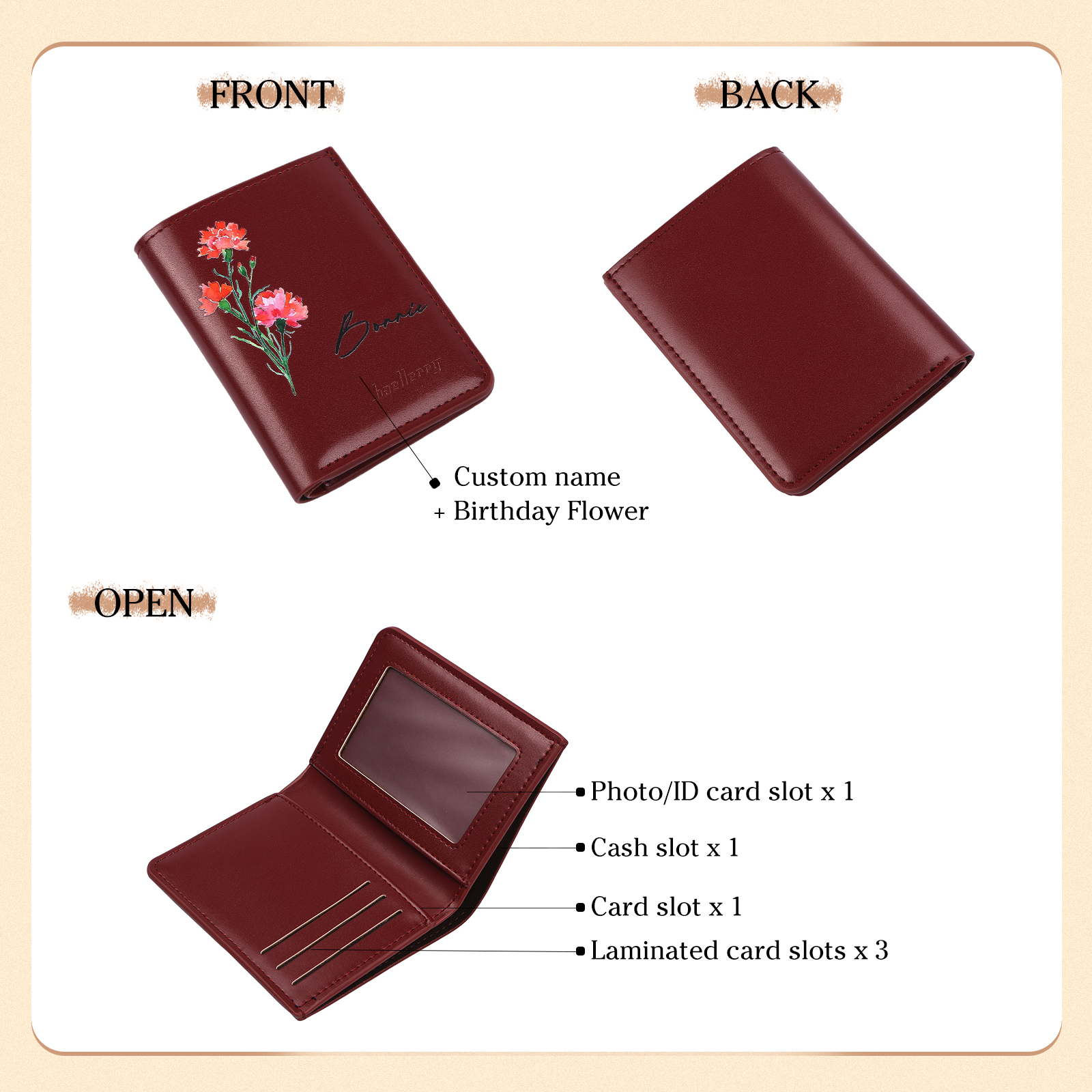 Personalized Women's Wallet Custom Name and Birthflower Small Front Pocket Leather Wallet for Grandma | Jessmade