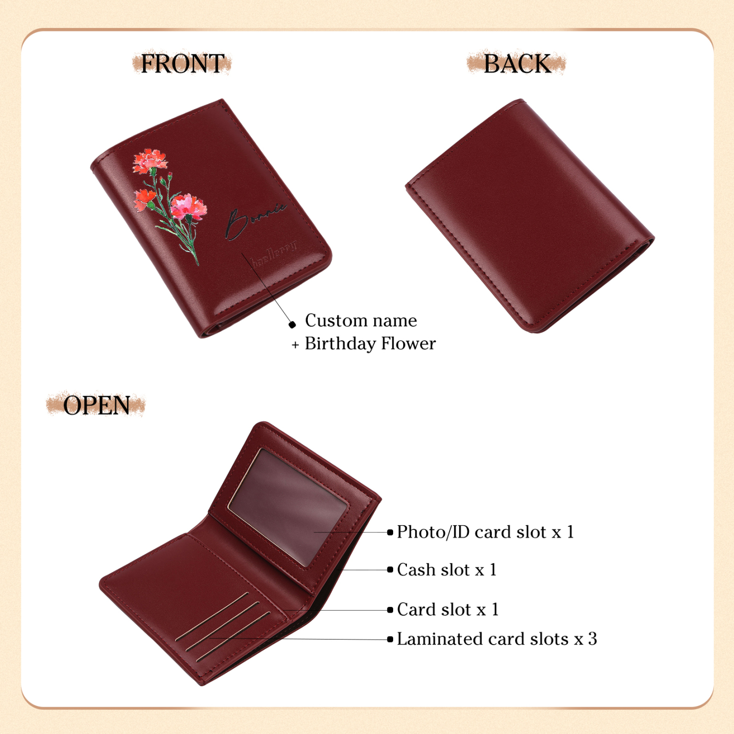 Personalized Women's Wallet Custom Name and Birthflower Small Front Pocket Leather Wallet for Grandma | Jessmade