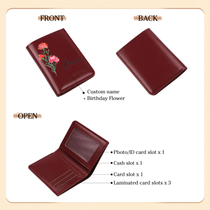 Personalized Women's Wallet Custom Name and Birthflower Small Front Pocket Leather Wallet for Grandma | Jessmade