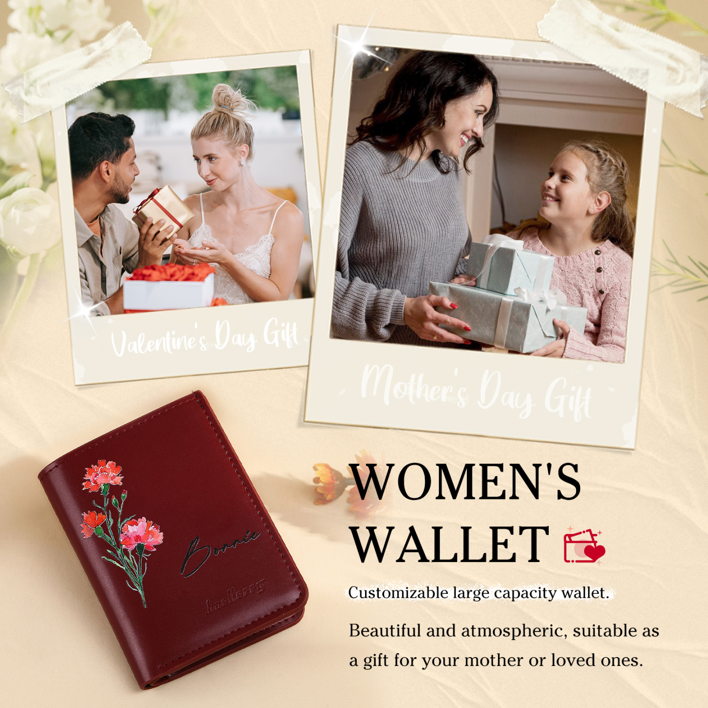 Personalized Women's Wallet Custom Name and Birthflower Small Front Pocket Leather Wallet for Grandma | Jessmade