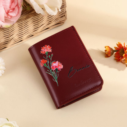 Personalized Women's Wallet Custom Name and Birthflower Small Front Pocket Leather Wallet for Grandma | Jessmade