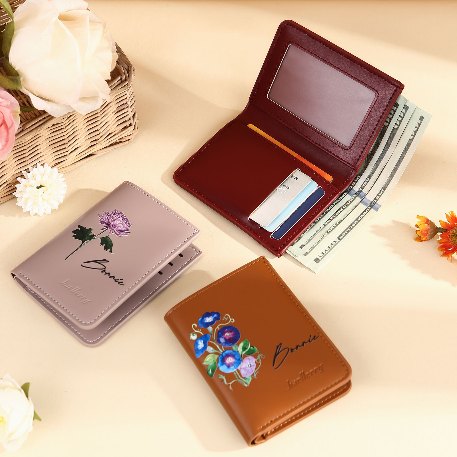 Personalized Women's Wallet Custom Name and Birthflower Small Front Pocket Leather Wallet for Grandma | Jessmade