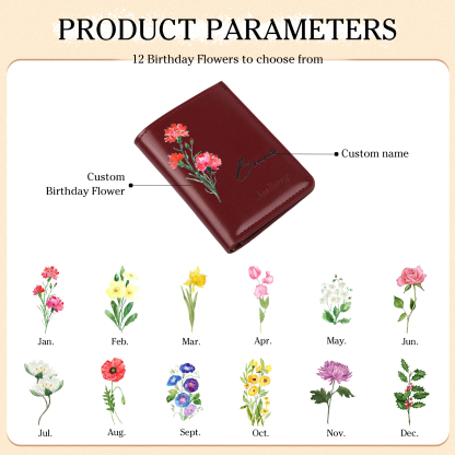 Personalized Women's Wallet Custom Name and Birthflower Small Front Pocket Leather Wallet for Grandma | Jessmade
