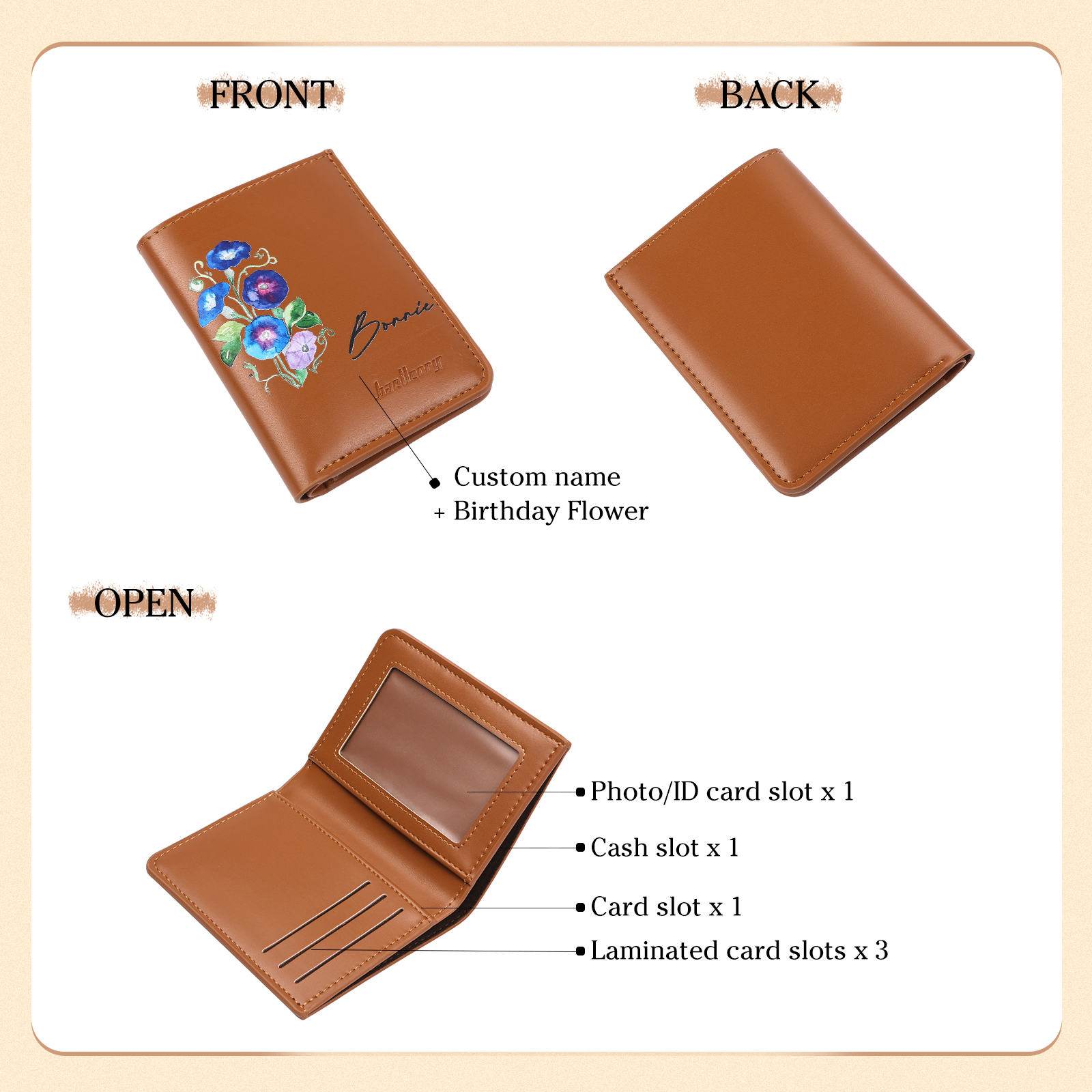 Personalized Women's Wallet Custom Name and Birthflower Small Front Pocket Leather Wallet for Grandma | Jessmade