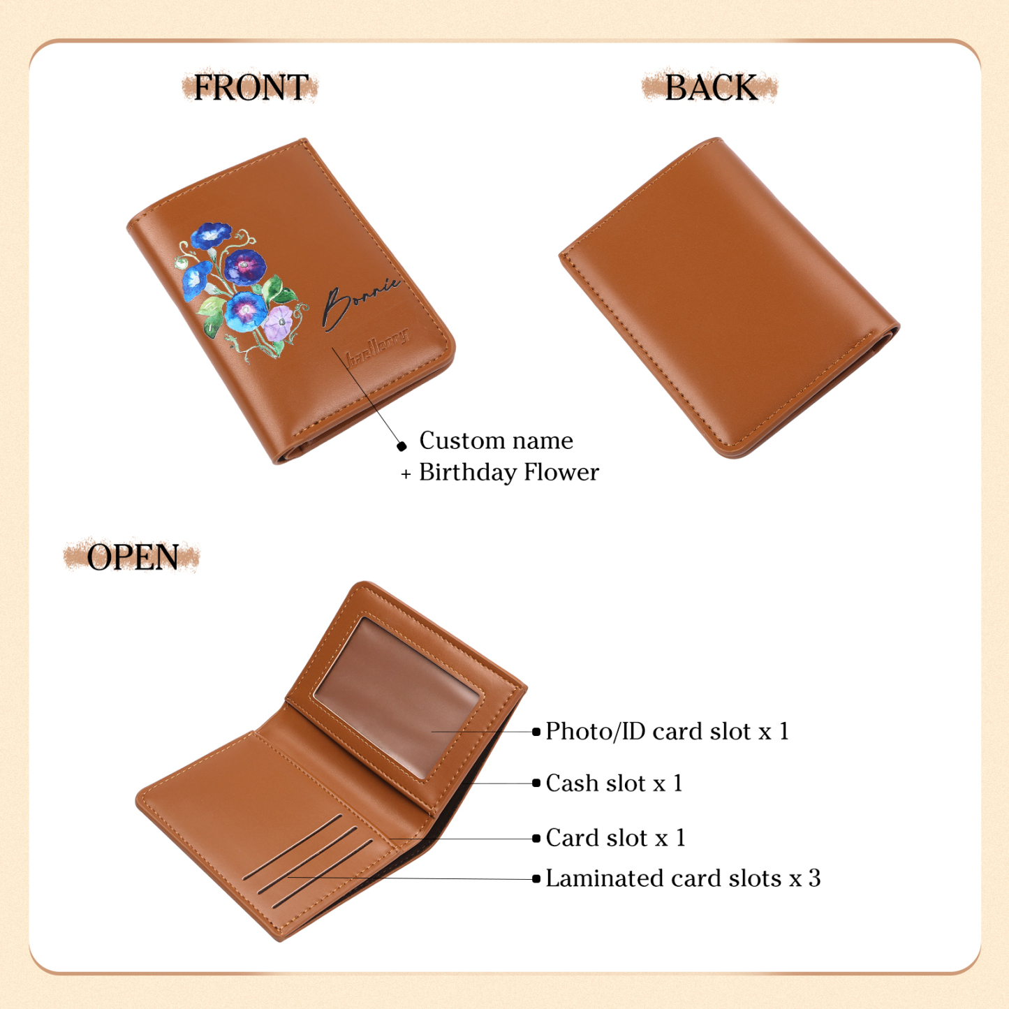 Personalized Women's Wallet Custom Name and Birthflower Small Front Pocket Leather Wallet for Grandma | Jessmade