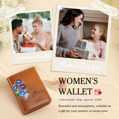 Personalized Women's Wallet Custom Name and Birthflower Small Front Pocket Leather Wallet for Grandma | Jessmade