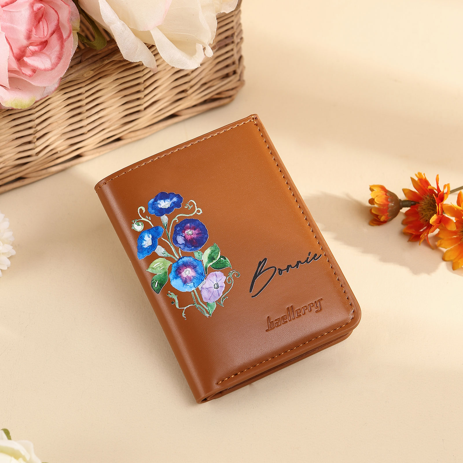 Personalized Women's Wallet Custom Name and Birthflower Small Front Pocket Leather Wallet for Grandma | Jessmade