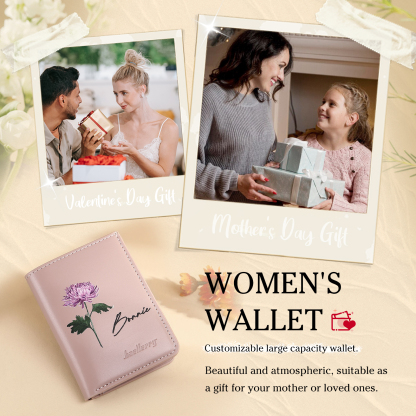 Personalized Women's Wallet Custom Name and Birthflower Small Front Pocket Leather Wallet for Grandma | Jessmade