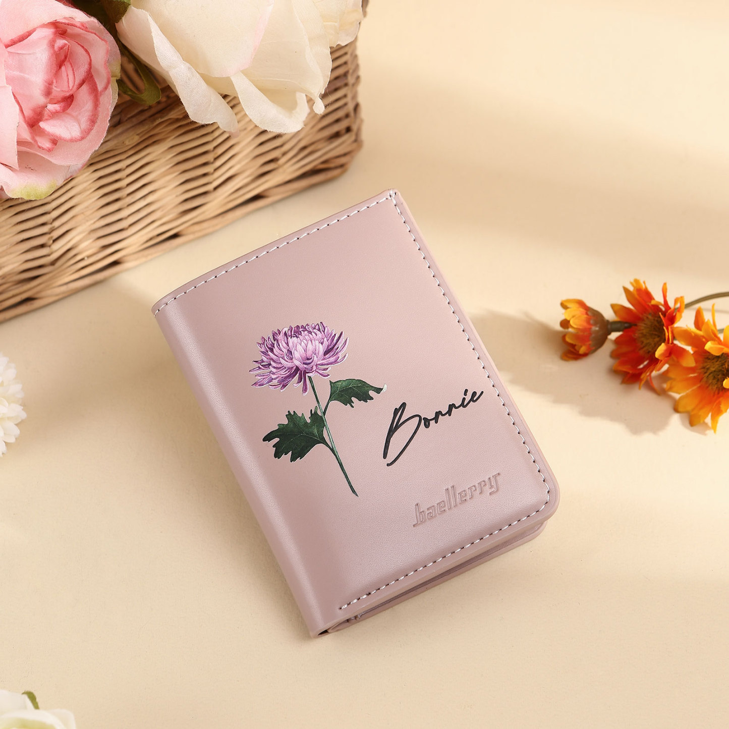 Personalized Women's Wallet Custom Name and Birthflower Small Front Pocket Leather Wallet for Grandma | Jessmade