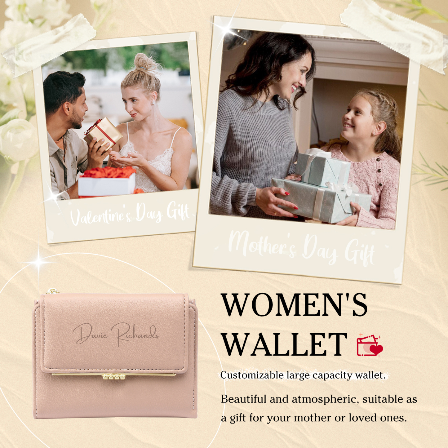 Personalized Women's Wallet Custom Name and Photo Leather Folding Zipper Wallet for Her | Jessmade