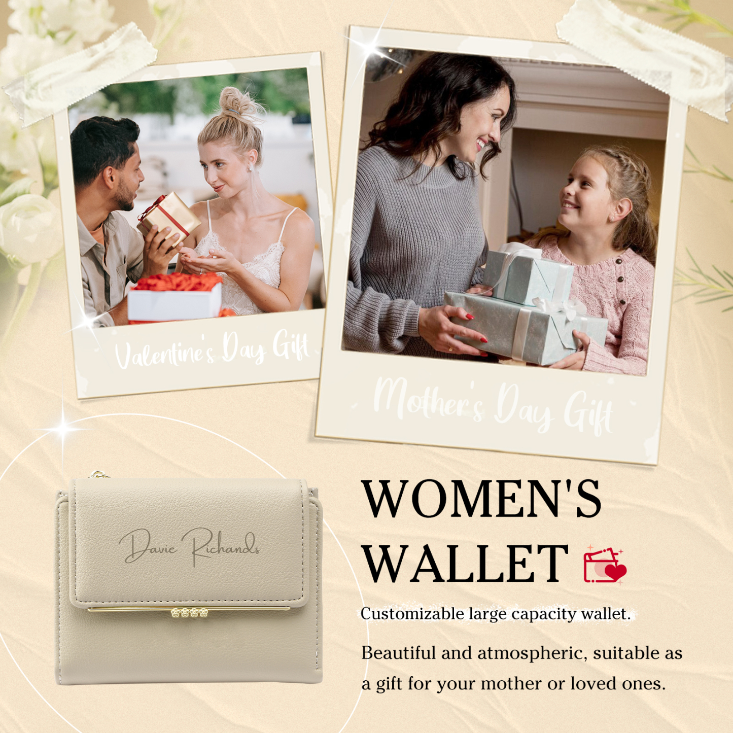 Personalized Women's Wallet Custom Name and Photo Leather Folding Zipper Wallet for Her | Jessmade