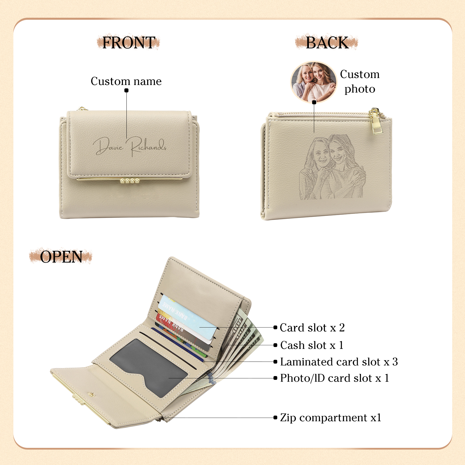 Personalized Women's Wallet Custom Name and Photo Leather Folding Zipper Wallet for Her | Jessmade