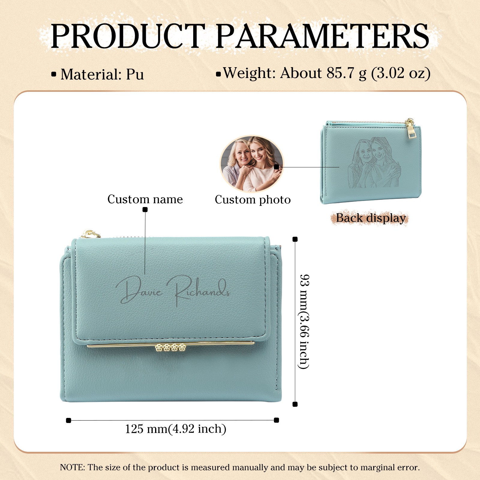 Personalized Women's Wallet Custom Name and Photo Leather Folding Zipper Wallet for Her | Jessmade