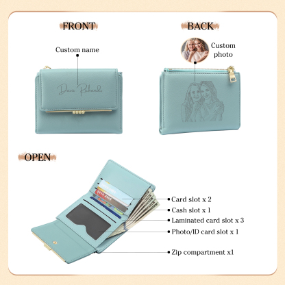 Personalized Women's Wallet Custom Name and Photo Leather Folding Zipper Wallet for Her | Jessmade