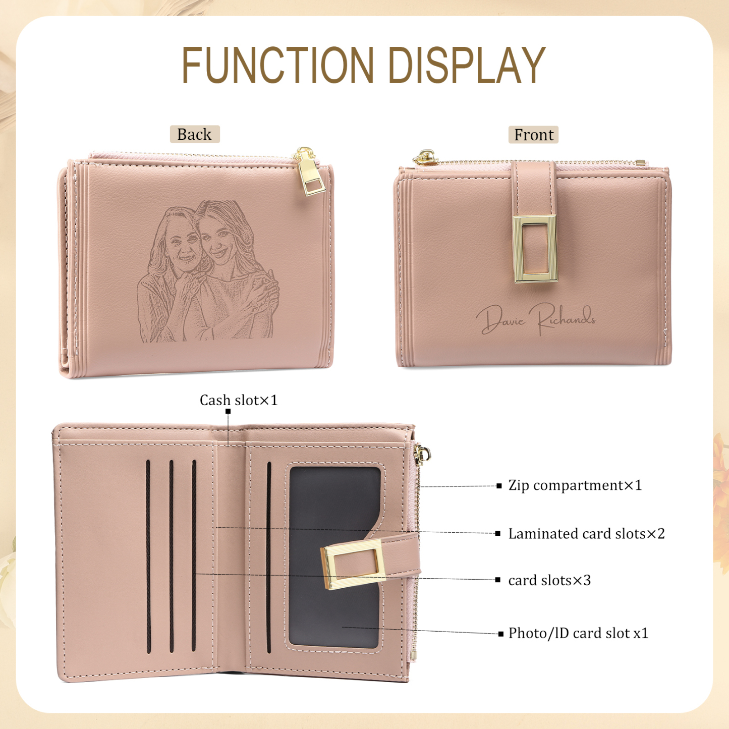 Personalized Women's Wallet Custom Text and Photo Leather Folding Zipper Wallet for Her | Jessmade