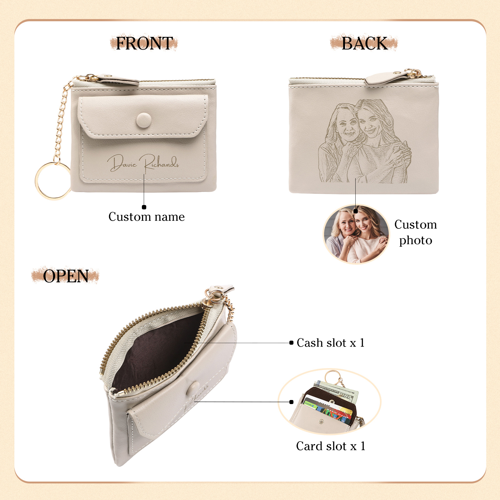 Personalised Women's Wallet Custom Name and Photo Leather Zipper Wallet for Her | Jessmade