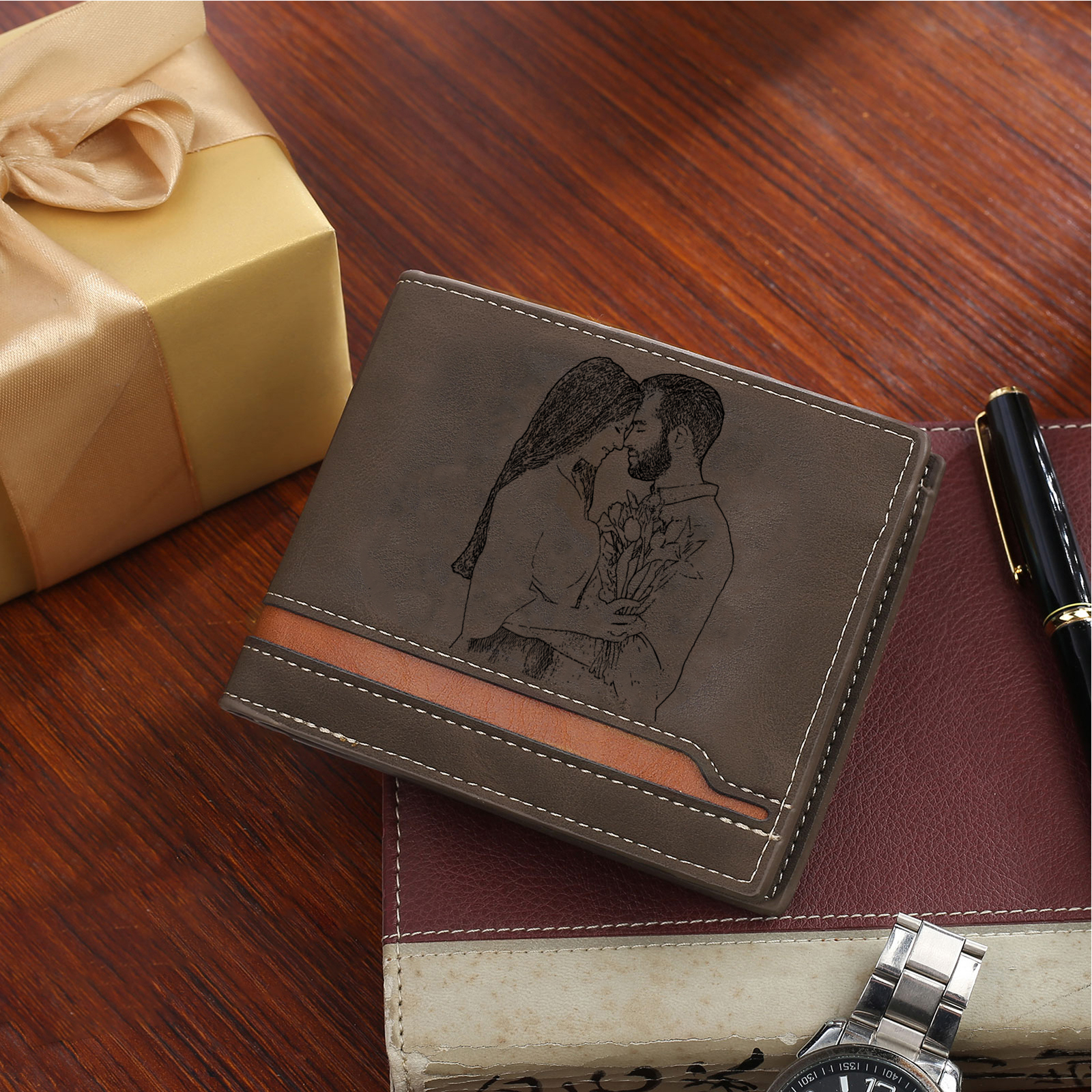 Personalized Men's Wallet & Keyring Set - Custom Gift Box with Photo, Name, Letter & Text - "Love You Always" Valentine's Day Gift for Him | Jessemade