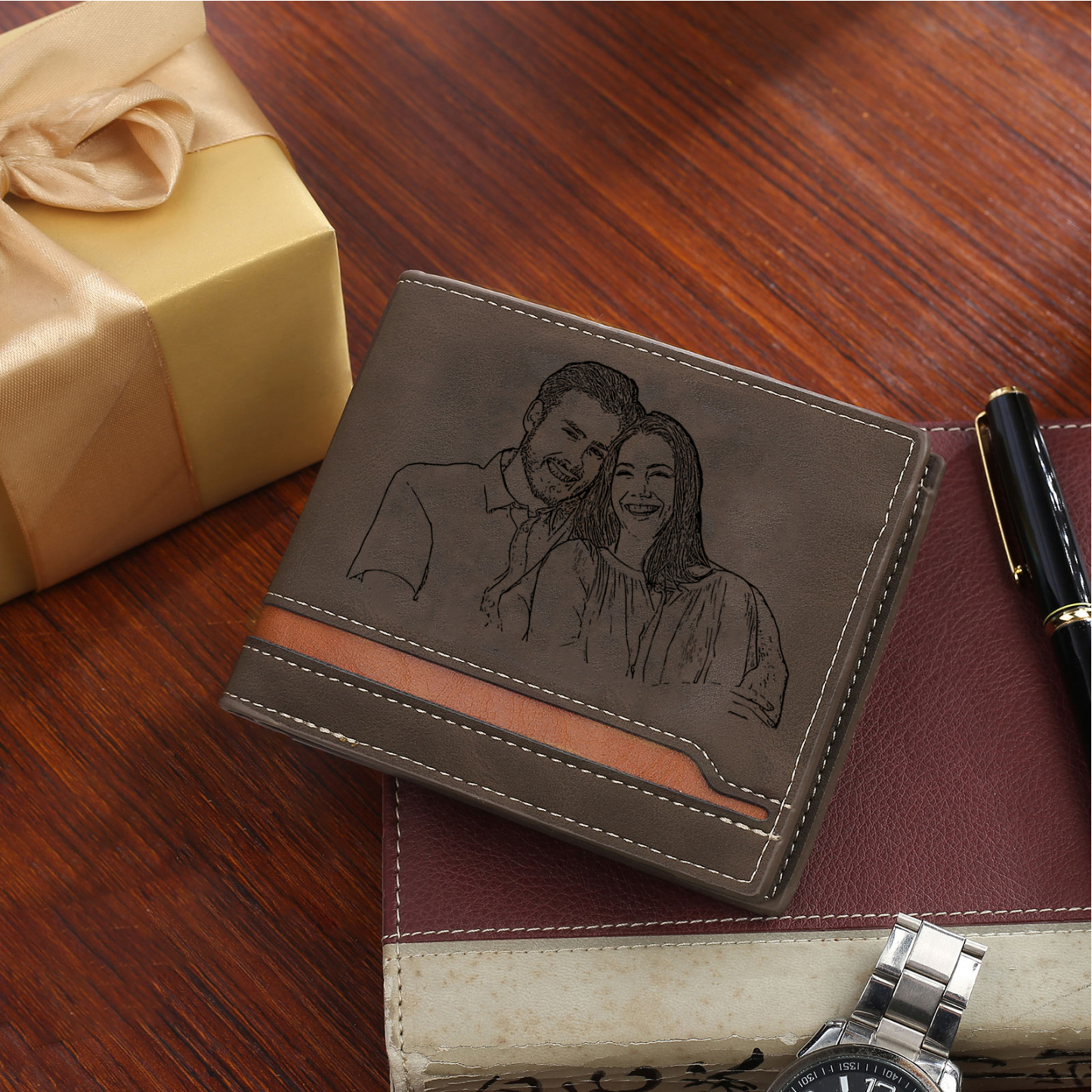 Personalised Men’s Wallet - Customized Photo and Text PU Leather Brown Wallet, Valentine’s Day Gift for Him| Jessemade