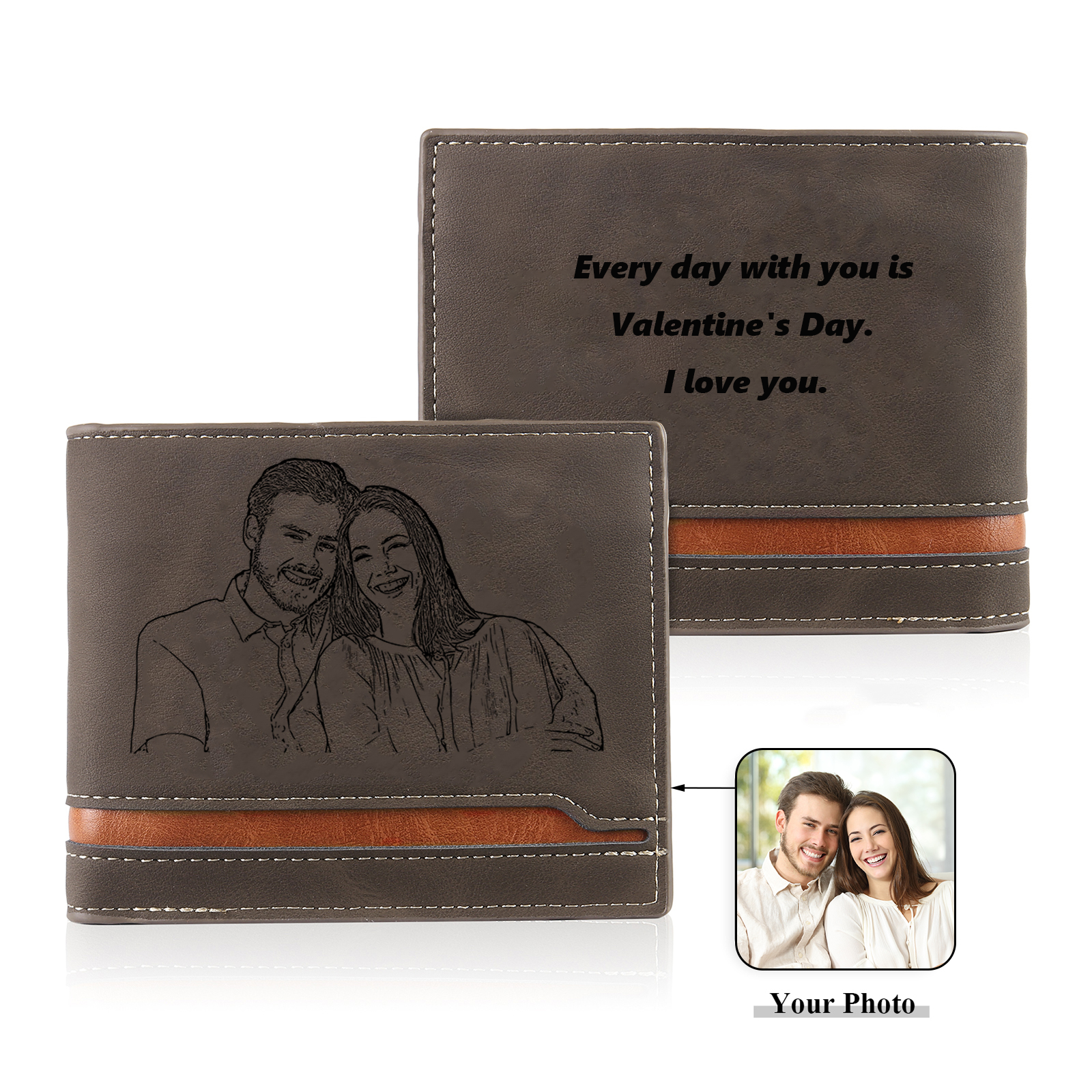 Personalised Men’s Wallet - Customized Photo and Text PU Leather Brown Wallet with Gift Box, Valentine’s Day Gift for Him| Jessemade