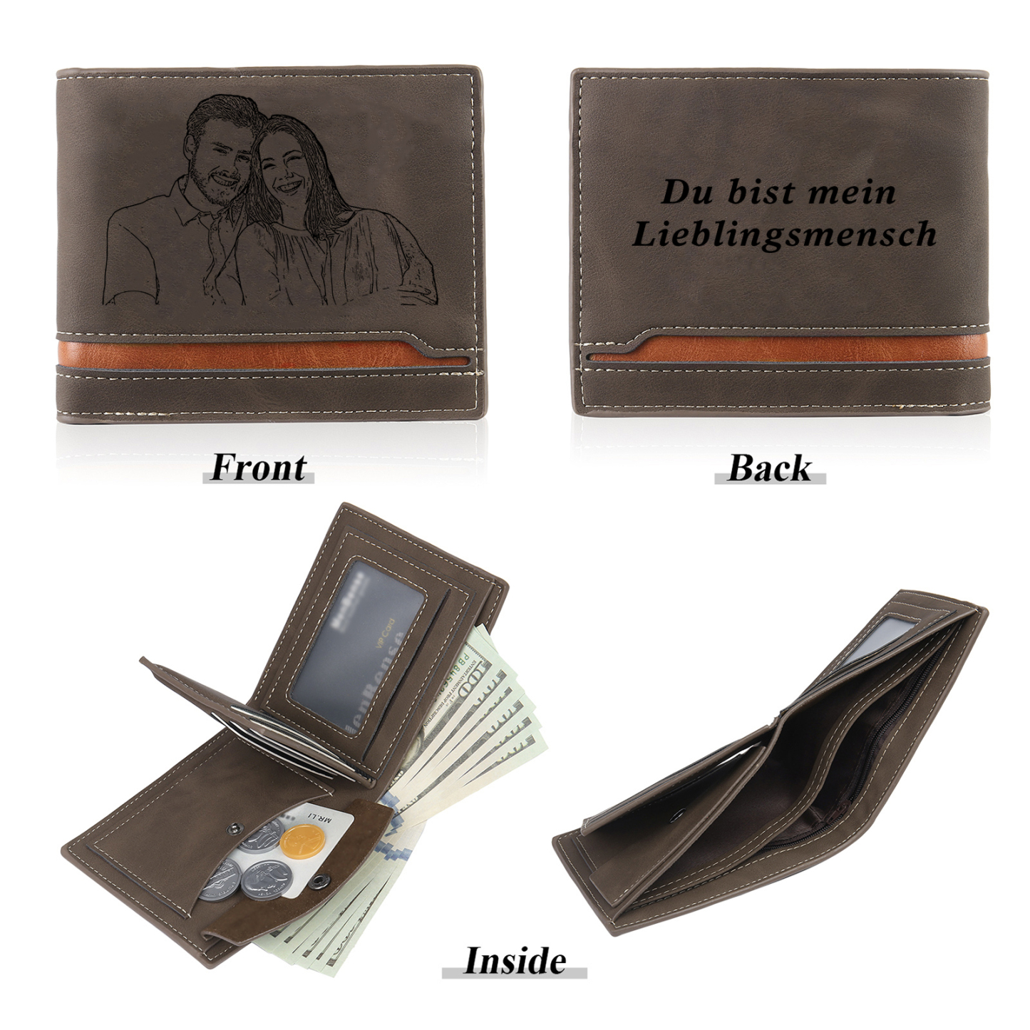 Personalised Men’s Wallet - Customized Photo and Text PU Leather Brown Wallet, Valentine’s Day Gift for Him| Jessemade