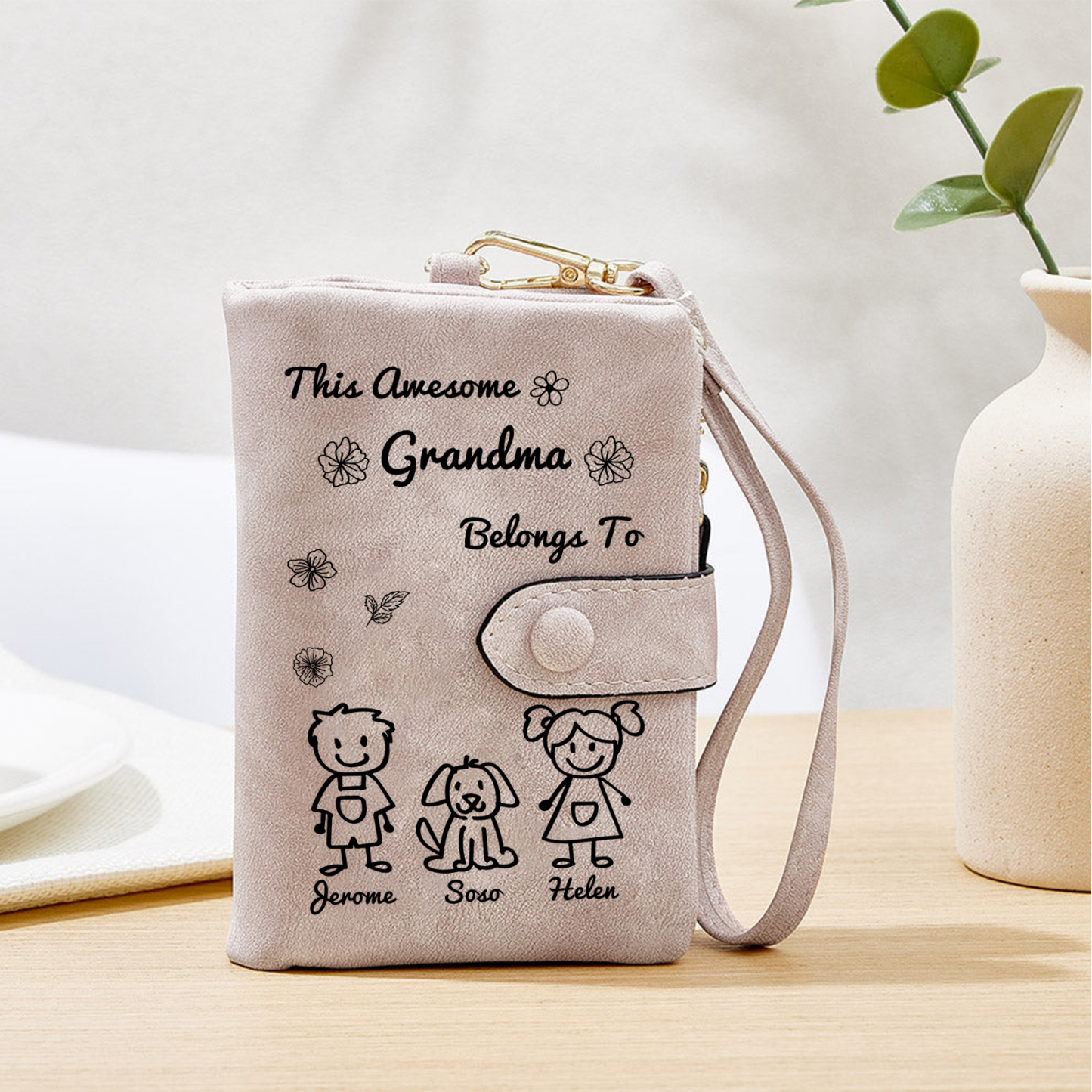 Personalized Women Wallet Custom 1–6 Names & Pattern Leather Wallet Pink Gift for Her "This Awesome Grandma Belongs To" | Jessmade