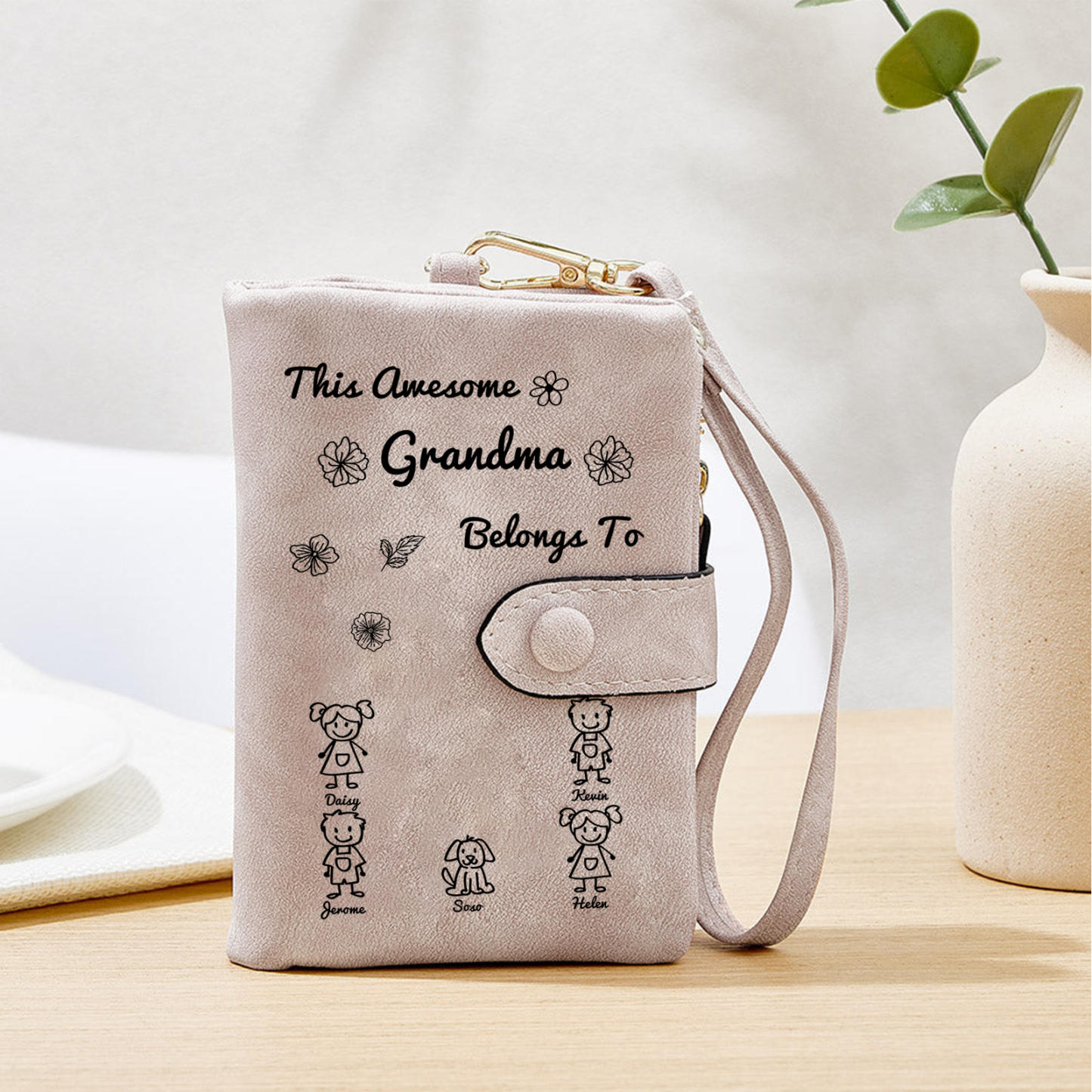 Personalized Women Wallet Custom 1–6 Names & Pattern Leather Wallet Pink Gift for Her "This Awesome Grandma Belongs To" | Jessmade