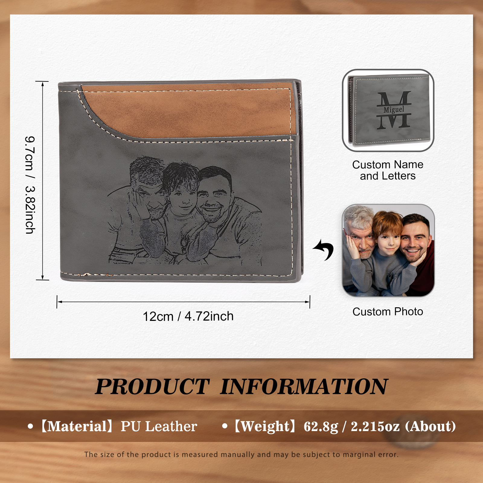Personalized Men's Wallet with Custom Photo & Name & Letter PU Leather Wallet Gift for Dad/Grandpa | Jessemade