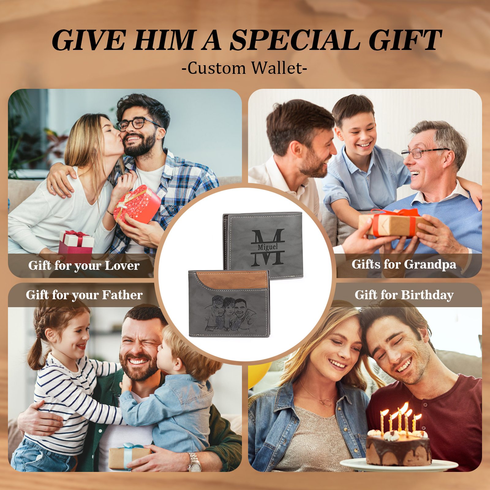 Personalized Men's Wallet with Custom Photo & Name & Letter PU Leather Wallet Gift for Dad/Grandpa | Jessemade