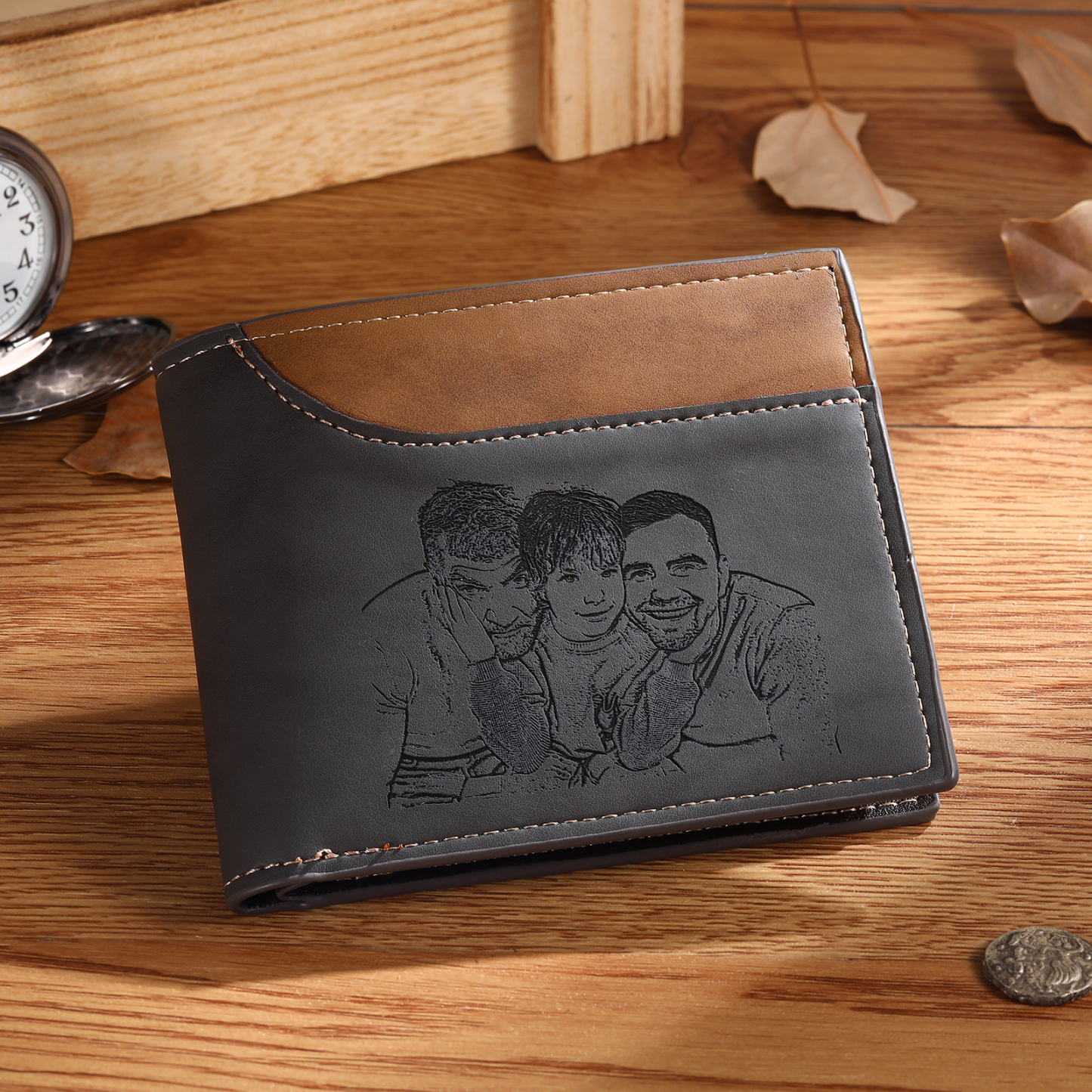 Personalized Men's Wallet with Custom Photo & Name & Letter PU Leather Wallet Gift for Dad/Grandpa | Jessemade