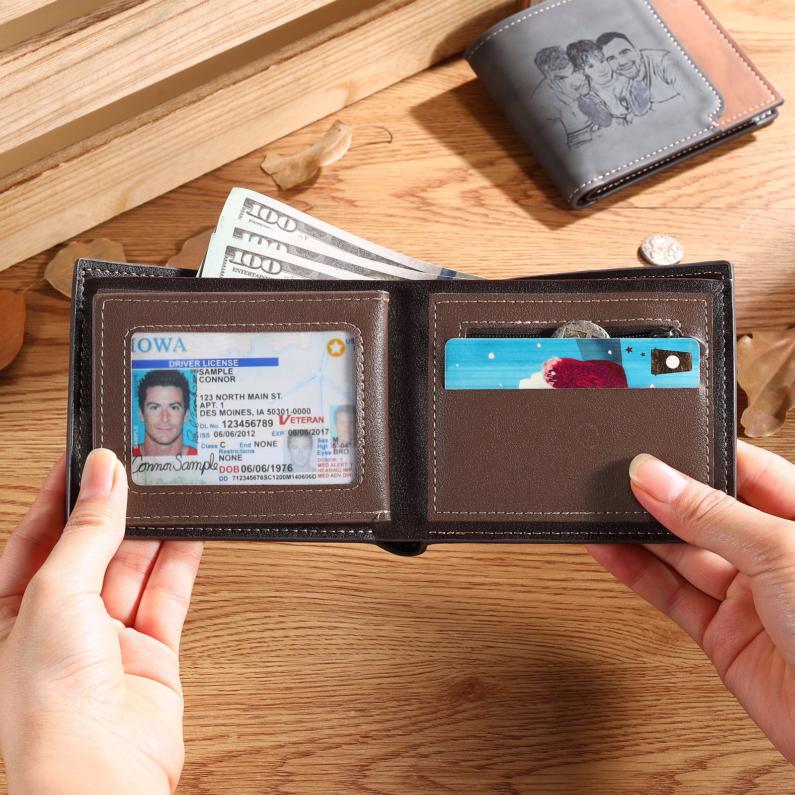 Personalized Men's Wallet with Custom Photo & Name & Letter PU Leather Wallet Gift for Dad/Grandpa | Jessemade