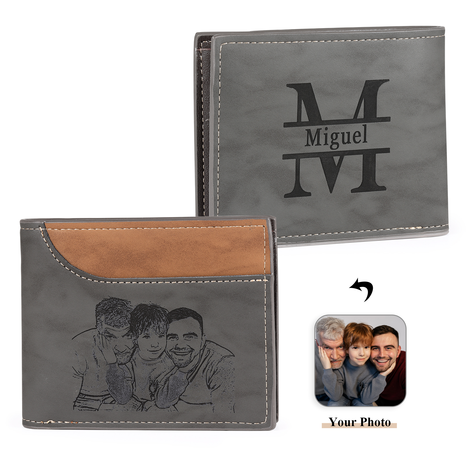 Personalized Men's Wallet with Custom Photo & Name & Letter PU Leather Wallet Gift for Dad/Grandpa | Jessemade